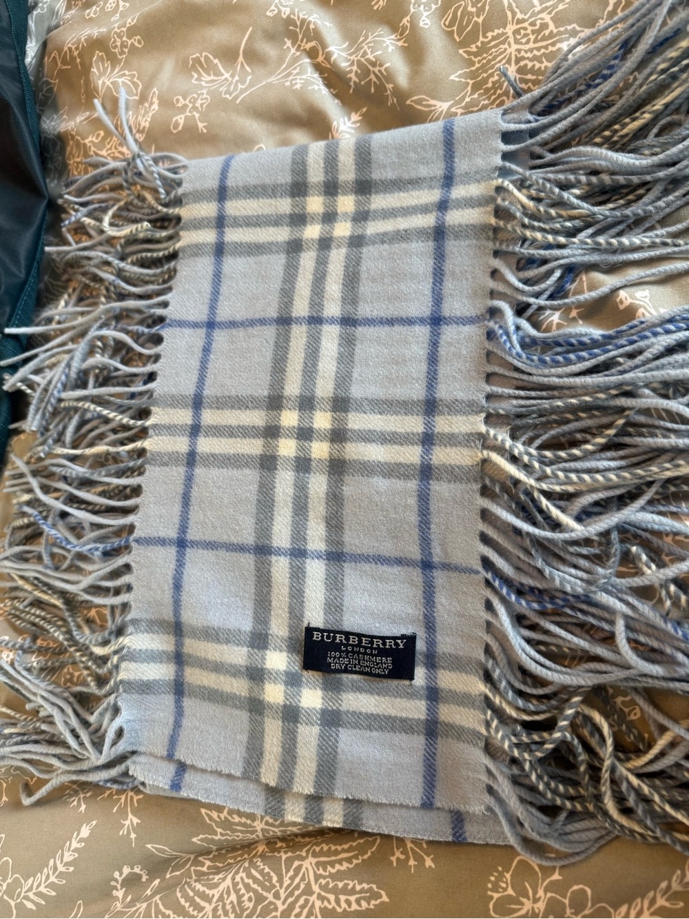 Burberry Light Blue and Gray Check Cashmere Fringe Scarf